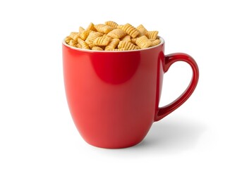 A vibrant red mug filled to the brim with crunchy, golden square-shaped breakfast cereal, presented against a clean white background, perfect for depicting a morning meal or snack