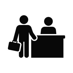 Businessperson at reception desk with briefcase