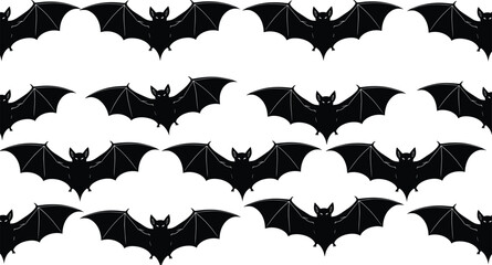 Bat silhouette pattern, flying bats in rows, black vector illustration, Halloween theme, spooky design, nocturnal animal graphic, horror concept, seamless layout