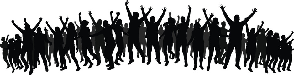 Silhouette crowd jumping in celebration, energetic people group, unity, happiness, festive mood, black figures on white background, cad drawing flat vector illustration