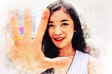 Abstract colorful happiness young woman shopping in city on watercolor illustration painting background.