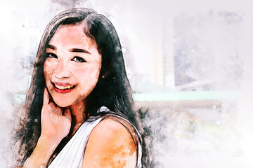 Abstract colorful happiness young woman shopping in city on watercolor illustration painting background.