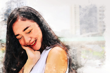 Abstract colorful happiness young woman shopping in city on watercolor illustration painting background.