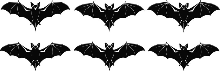 Bat silhouette set, symmetrical flying poses, black vector illustration, spooky animal icons, Halloween theme, nocturnal creature design, minimal graphic style