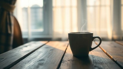 Steaming coffee cup on rustic table, morning light ambiance.
