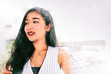 Abstract colorful happiness young woman shopping in city on watercolor illustration painting background.