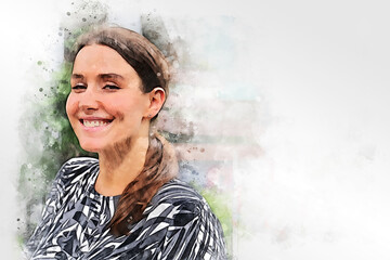 Abstract colorful happiness young woman shopping in city on watercolor illustration painting background.