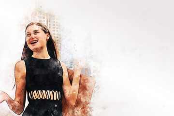 Abstract colorful happiness young woman shopping in city on watercolor illustration painting background.