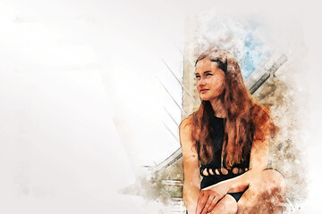 Abstract colorful happiness young woman shopping in city on watercolor illustration painting background.