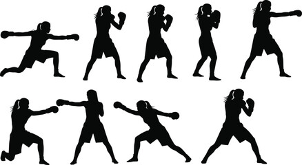 Boxing silhouette set, fighter poses, punching stance, black vector illustration, athletic movement, training concept, combat sport, dynamic action, gloves on