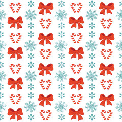 Seamless pattern with Christmas candy canes, red bows and snowflakes in vertical rows