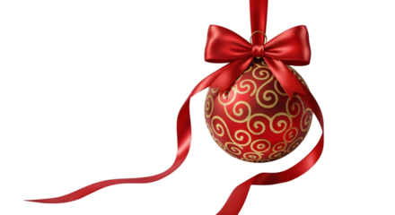 Decorative red easter egg with swirl pattern and red ribbon bow isolated on transparent background
