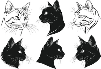 Cat head silhouette, feline profile illustration, black and white vector art, whiskers, expressive eyes, pet design, animal graphic, domestic cat
