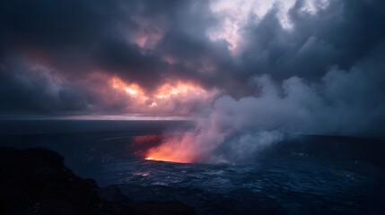 Fototapeta premium Dramatic volcanic eruption with molten lava and smoke in the ocean under stormy twilight clouds