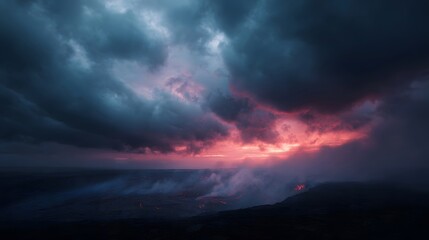 Obraz premium Dramatic volcanic eruption at dusk with glowing lava under a moody stormy sky