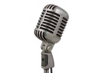 Vintage silver microphone capturing sound for music, radio, broadcasting, podcasting, and live performance with clear audio