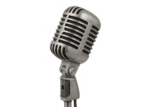 Vintage silver microphone capturing sound for music, radio, broadcasting, podcasting, and live performance with clear audio