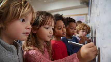 multicultural children writing their native languages on whiteboard celebration of diversity
