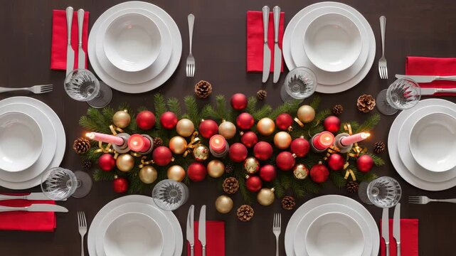Top view of a Christmas table with elegant place settings, red and gold baubles, candles and pine branches. Cozy festive mood for holiday gathering. Classic dinner arrangement.