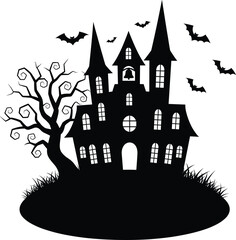 Haunted house silhouette, spooky tree, flying bats, Halloween scene, black vector illustration, eerie design, horror theme, creepy night atmosphere