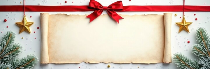 Festive holiday scroll with stars, ribbon, and pine branches