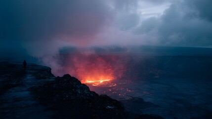 Naklejka premium Dramatic view of a glowing volcanic crater with molten lava a lone observer on the edge under cloudy skies
