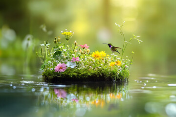 floating island of flowers, where hummingbirds and mystical insects roam freely