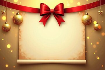 Festive holiday scroll with red ribbon and gold ornaments
