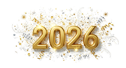 Luxury Golden 2026 Text with Confetti and Streamers on White for New Year