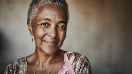 survivor woman smiling proudly wearing awareness ribbon concept of strength
