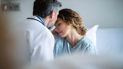 doctor comforting patient in hospital room warm emotional light healthcare theme