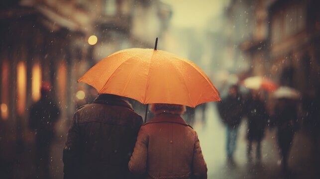 couple sharing umbrella in light rain warm romantic color tone cinematic feel