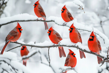 flock of cardinals perched on snowy branches, their crimson feathers bright against the white backdrop
