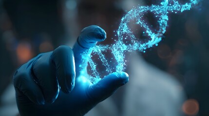 scientist analyzing DNA strand hologram futuristic medical technology