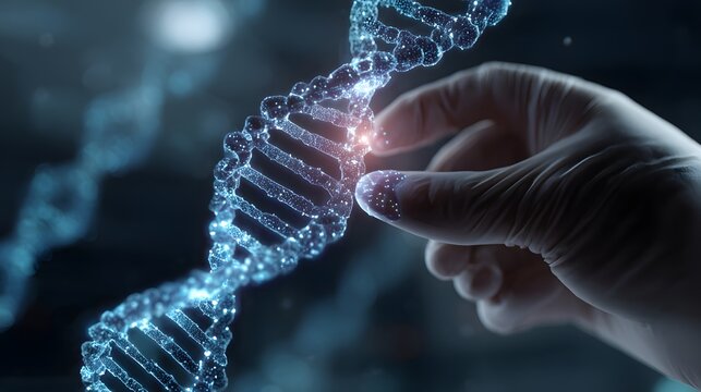 scientist analyzing DNA strand hologram futuristic medical technology