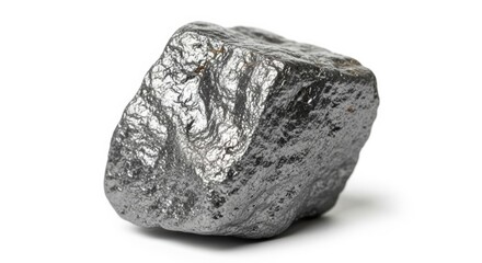 A single, angular lump of raw, dark metallic ore, such as hematite or chrome, isolated on a pure white background with a soft shadow.