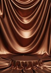 Brown elegant silk fabric with draped folds and round pedestal