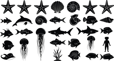 Sea creature silhouette set, marine life icons, black vector illustration, ocean animals, shell and fish designs, underwater theme, minimal graphic style