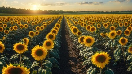 Fototapeta premium Vibrant Sunflower Field at Sunset - A Golden Horizon.
