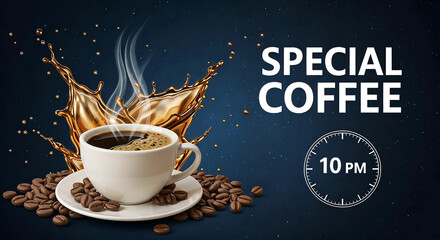 Steaming cup of special coffee with coffee beans and splash on a dark background