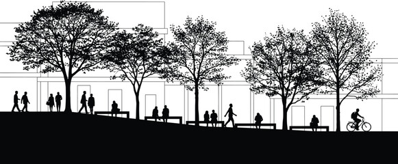 Obraz premium Black silhouette illustration of urban public space—trees, benches, pedestrians, cyclist, modern buildings—city lifestyle, architecture, landscape design concept