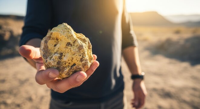 A geologist's hand holds up a large, yellow sulfur (brimstone) rock specimen in a bright, arid desert landscape during a sunny day. - Powered by Adobe