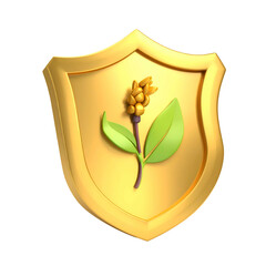 Golden shield emblem featuring a stylized plant with leaves and a seed head