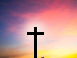 Cross christian god religion on sunset background, jesus church worship pray catholic grace christ, symbols christ love holy spiritual hope peach victory spirit meditation catholicism crucifix trush.