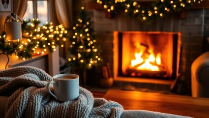 Cozy fireplace, warm drink, and festive holiday lights glow