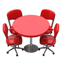 Red, round table with four matching chairs, arranged for a meeting