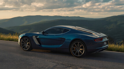 "Speed Meets Serenity, Sleek blue sports car parked at night showcasing modern design and luxury automotive engineering