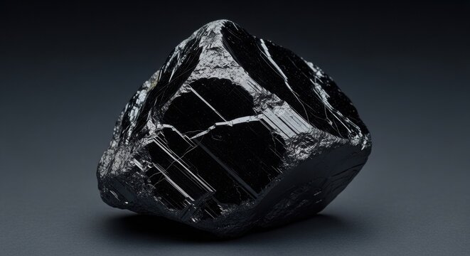 A macro studio shot of a raw black tourmaline (schorl) crystal, showing its sharp edges, reflective facets, and natural lines on a dark grey background.