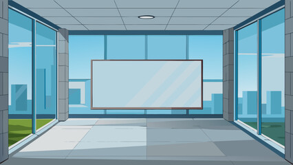 Empty office room with whiteboard cartoon