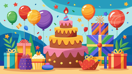 Birthday party with cake and gifts cartoon
